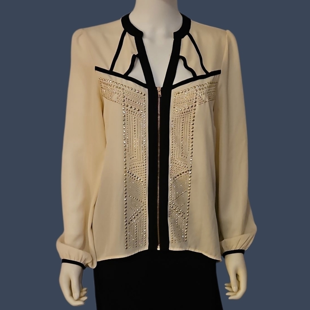 VENUS Ivory Black Trim Studded Cut-out Zipper Long Sleeve Chiffon Hi-Low Top